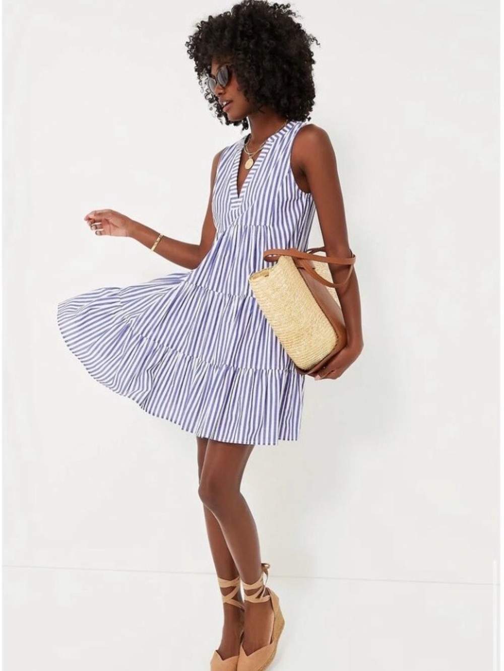 Tuckernuck Pomander Place Kenzo Stripe Poplin Sleeveless Tiered Dress Blue Small